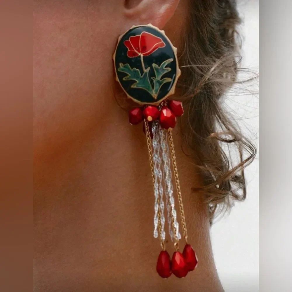 Red Floral Drop Earrings S1119